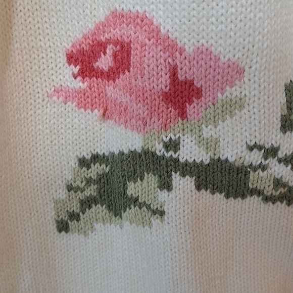 80s 90s RARE Floral Print Hand Knit Crewneck Cardigan Sweater Large  Cottagecore - Picture 6 of 16